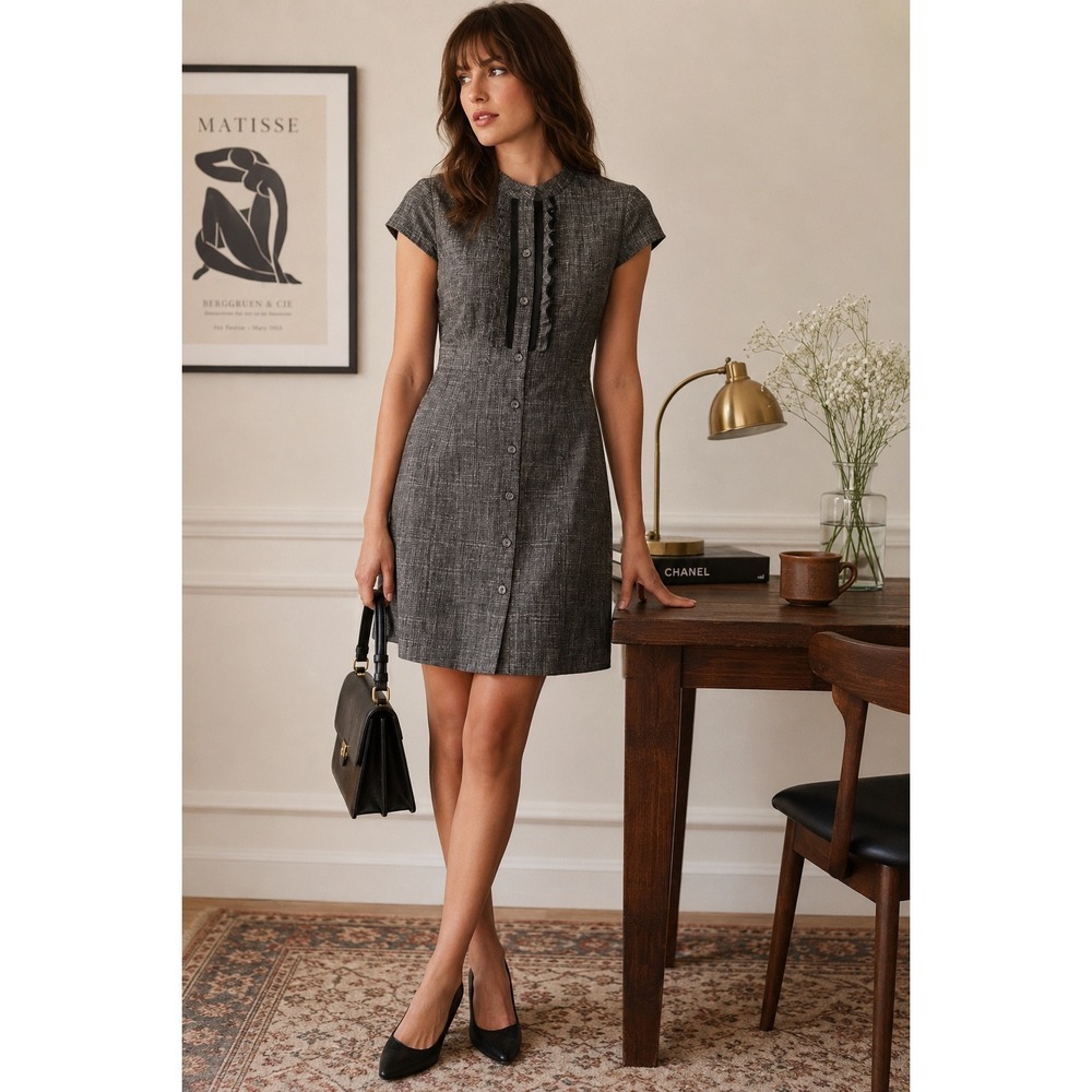 Merona‎ Womens Gray Fit Flare Dress Size 6 Button Front Ruffle Office Chic